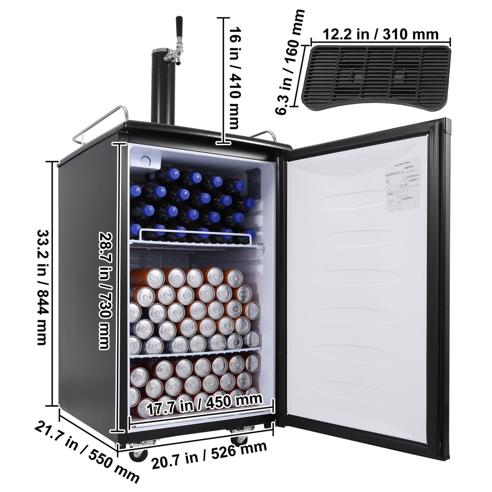 KFFKFF Beer Kegerator with Single Tap, Draft Beer Dispenser and Full-Size Keg Refrigerator, Includes Shelves, CO2 Cylinder, Drip Tray, and Rail, Adjustable Temperature Range 32°F-50°F