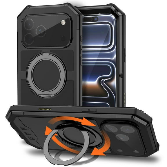 ELEHOLD Full Body Magnetic Case For iPhone 17 Pro Max, Shockproof Rugged Heavy Duty IP67 Waterproof Aluminum Alloy Metal Ring Kickstand Magnetic Cover Tempered Glass Screen Protector,Black