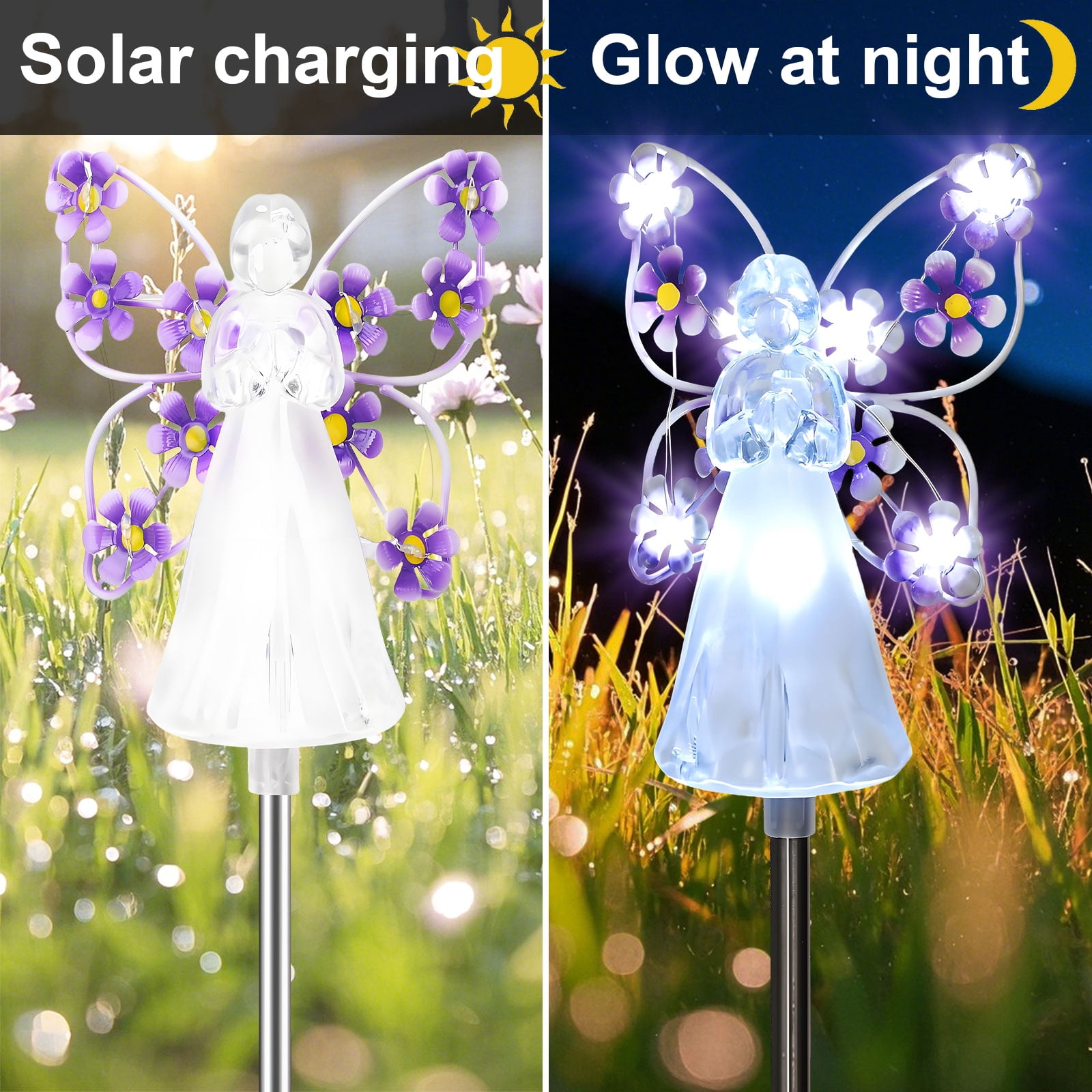 Rirool Solar Angel Stake Lights - 4 Pack Multicolor LED Garden Decor, Cemetery Memorial Lights for Graves - Waterproof Outdoor Solar Lights for Yard, Pathway