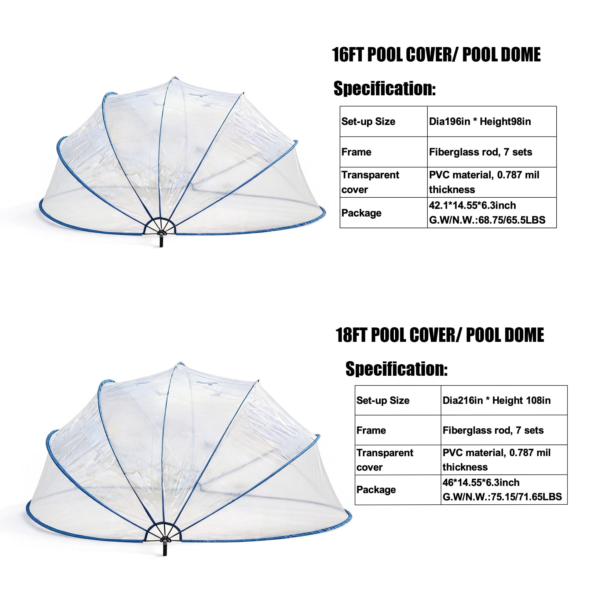 16 Ft Retractable Pool Cover, Above Ground Pool Enclosure with PVC Film & Fiberglass Rods, Outdoor Swimming Pool Tent with UV Protection, Extend Season, Blue