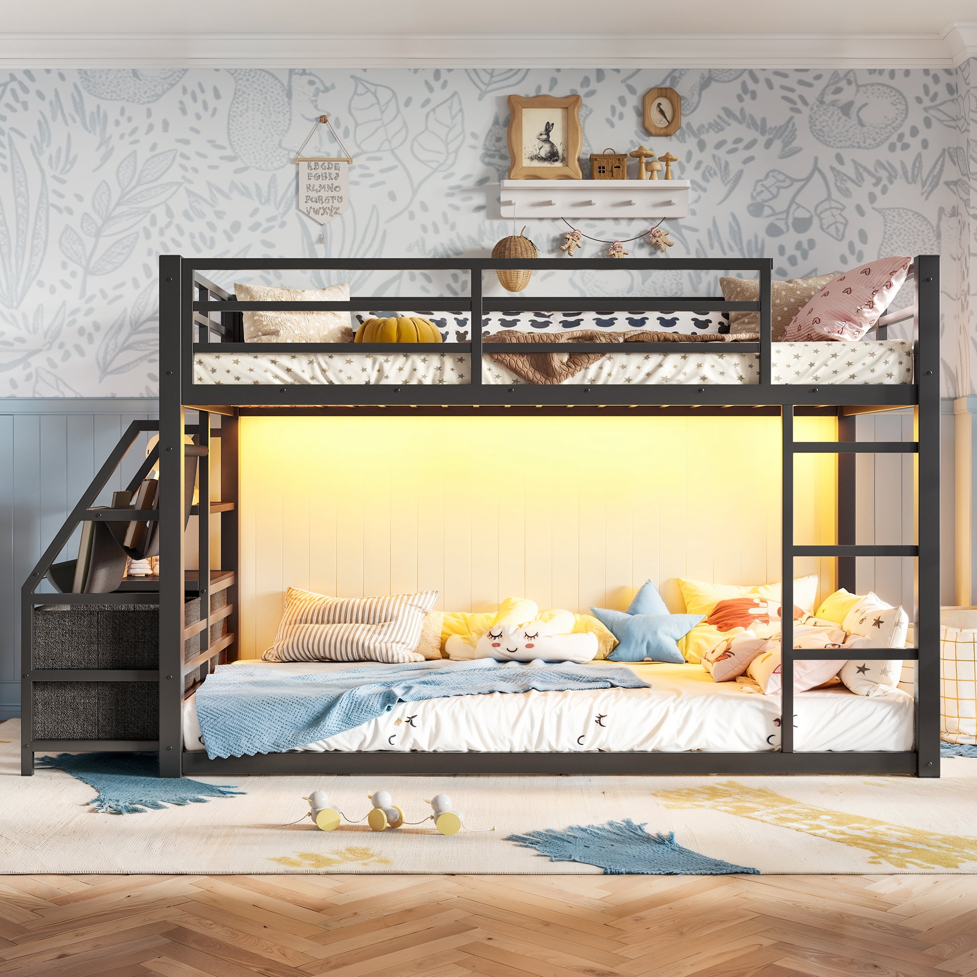 Leumius Metal Bunk Bed Twin over Twin with Storage Shelves and Drawers,Metal Bunk Bed Frame with LED Lights,No Box Spring Need,Black