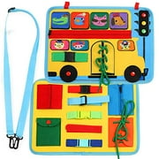 Busy Board Montessori Toys for Toddlers, School Bus Preschool Educational Learning Toy, Basic Life Skills and Fine Motor Activity for Kids, Learn to Dress Sensory Toy as Airplane or Car Travel Ga