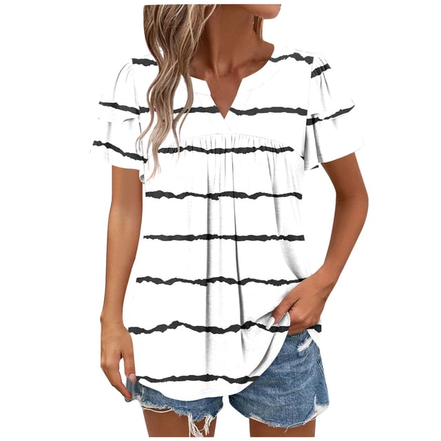 XMMSWDLA Chemises Décontractées d'Été pour Femmes Manches Courtes Tunique Rayée - T-Shirt Col Rond Blanc