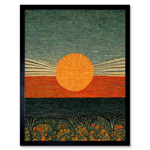 William Morris Style Sunrise Over Sea Abstract Art Print Framed Poster Wall Decor 12x16 inch