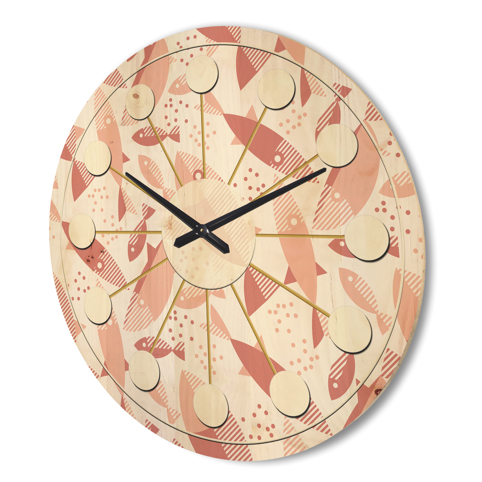 Designart 'Pink Fishes Retro Pattern' Mid-Century Modern Wood Wall Clock
