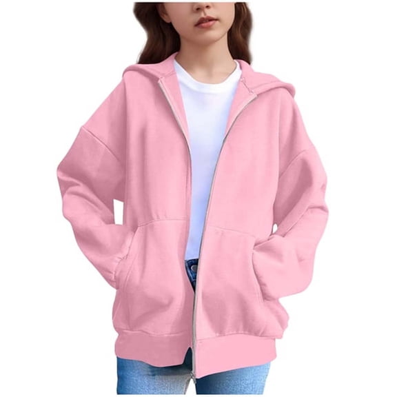 Back to School 2025 Trendy Sevevn Girl's Zip up Hoodies Lightweight Solid Color Pockets Long Sleeved Casual Top With Drop Shoulder Age 5-15 Years