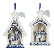 Kurt Adler Blue and White Holy Family Porcelain Holiday Ornaments Set of 2