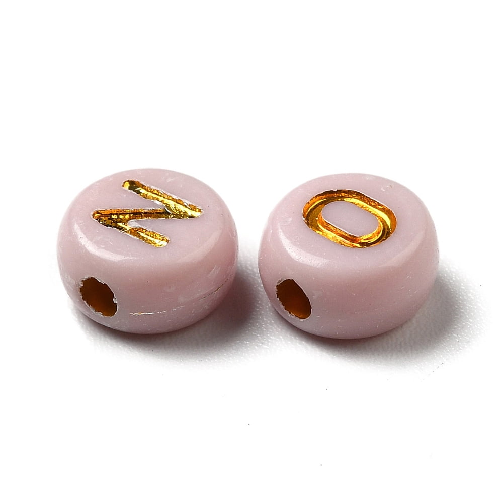 500gs Plating Acrylic Beads Golden Metal Enlaced Horizontal Hole Flat Round with Letter PeachPuff 6.5~7x3.5~4mm Hole: 1.6mm about 3600g/500g DIY