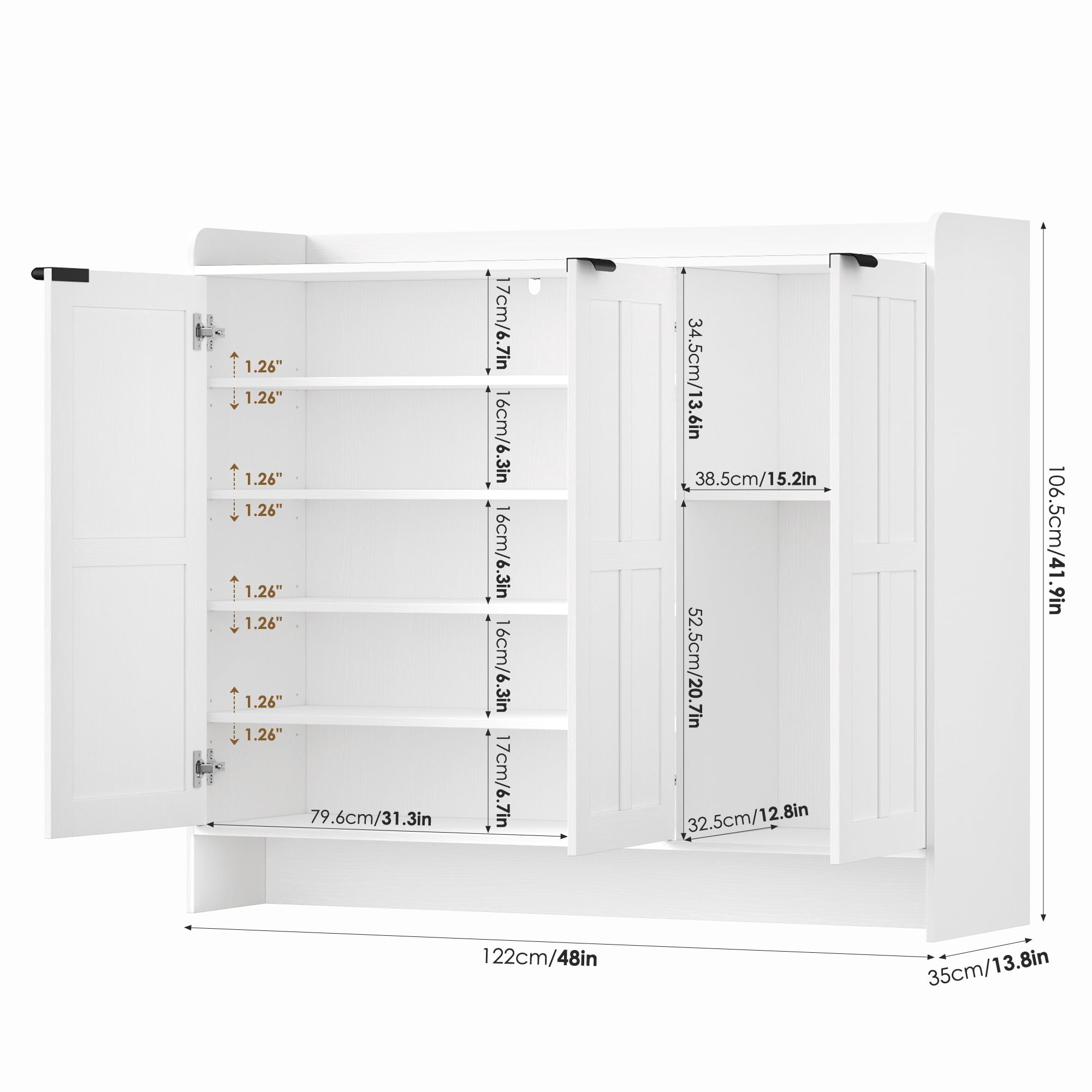 Hiphuta 48" Wide 6-Tier Shoe Cabinet with 4 Adjustable Shelves, Holds Up to 35 Pairs, Farmhouse Wood Grain Shoe Rack Organizer with 3 Doors and Table Top, White
