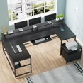 thumbnail image 5 of Reversible L Shaped Home Office Desk with File Drawer & Power Outlet, 101.5" Computer Two Person Desk with Monitor Shelf, Keyboard Tray, U Shaped Desk, Black, 5 of 8