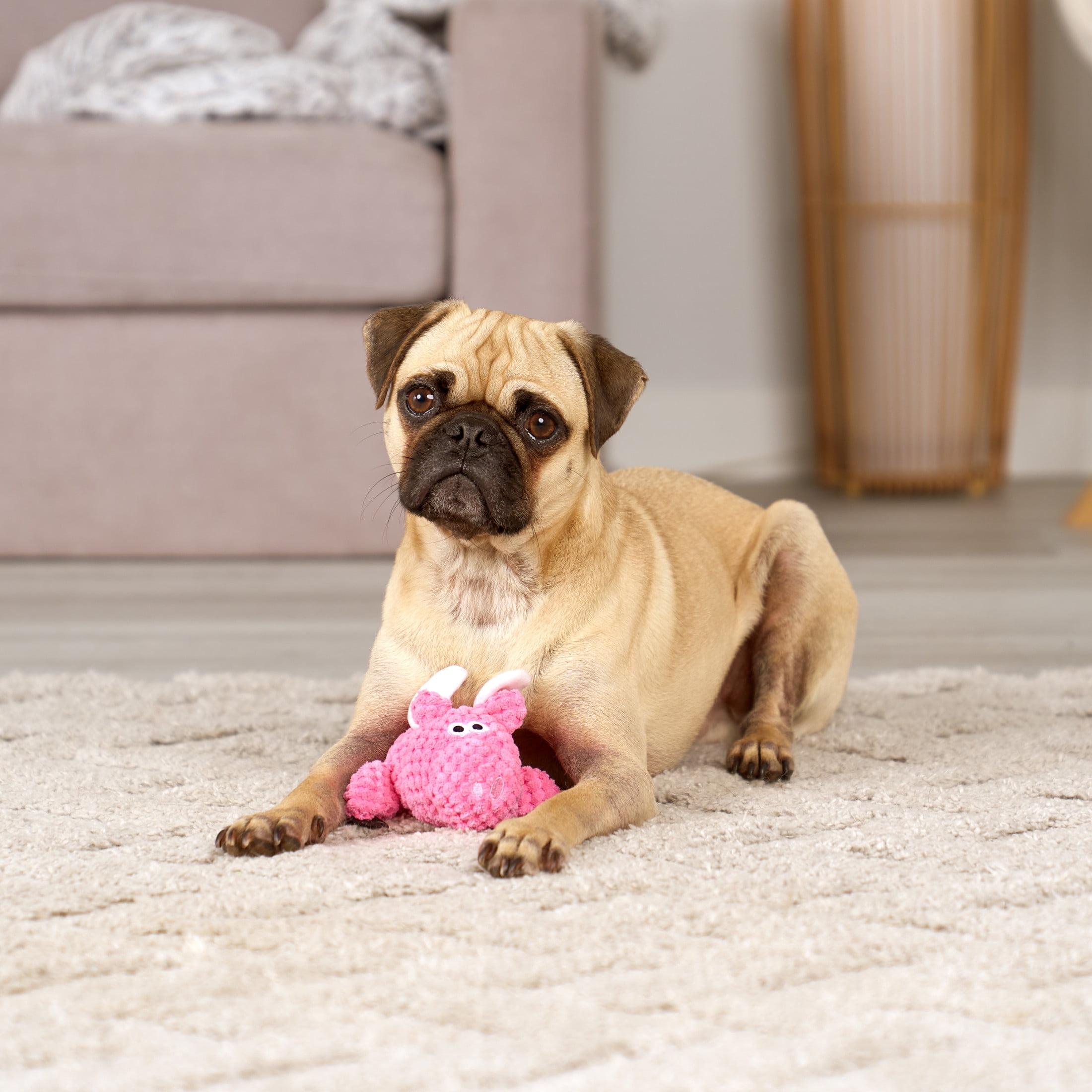 goDog Checkers Flying Pig Squeaky Plush Dog Toy with Chew Guard Technology, Durable Fabric & Squeaker for Active Play, Pink, Mini