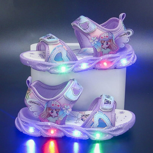 Zapatos de verano para niños de Disney, sandalias con punta de malla para niñas elsa, zapatos de playa a la moda, sandalias con luz led de fondo suave de princesa congelada, plantilla de 21,2 CM Gao Jinjia LED