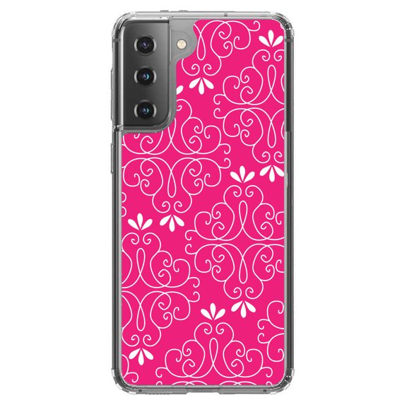 DistinctInk Clear Shockproof Hybrid Case for Galaxy S21 5G (6.2" Screen) - TPU Bumper, Acrylic Back, Tempered Glass Screen Protector - Neon Pink White Floral