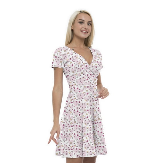 Women’s A Line Hearts Summer Dress, Retro Triangle Arrangement, Cross Wrap V Neck, 6 Sizes, by Ambesonne