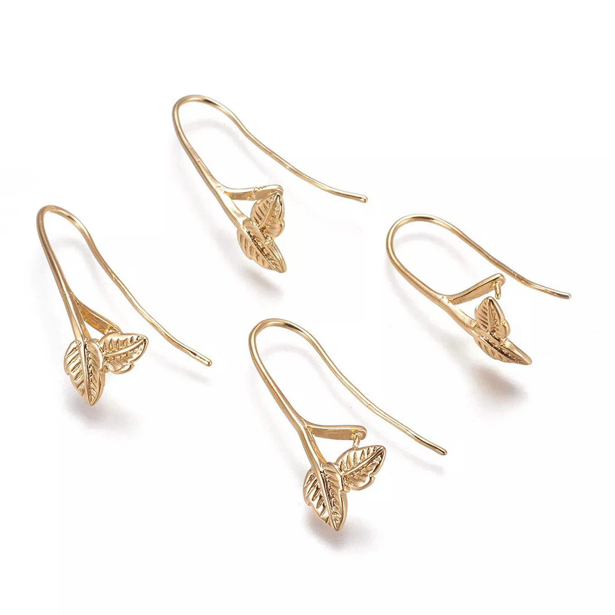 U8MO 20 Gold Plated Brass Leaf Earring Hooks w/ Pinch Bail End Earwire Findings 29mm