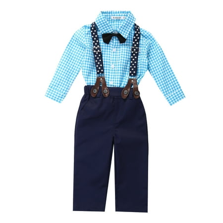 

Baby Boy Clothes Set Plaid Shirt + Bowtie + Suspender Pant 4pcs Toddler Boy Infant Gentleman Outfits Suit