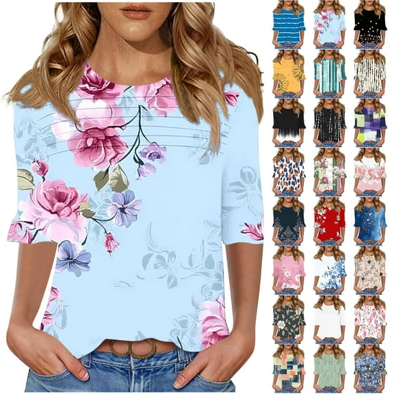 JTZGDY Cute Floral Tops for Women Dressy Casual Ruffled Half Sleeve Ruched Pleated Crew Neck Graphic T-Shirts Loose Fit Tshirt Tunic Blouse Blue S