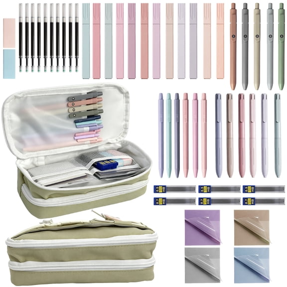 52 Pcs Aesthetic Stationery Set, Back to School Supplies, Big Pencil Case, Pastel Highlighters, Gel Pens Set, Mechanical Pencil Set, Sticky Notes, Erasers for Teen Girls Students