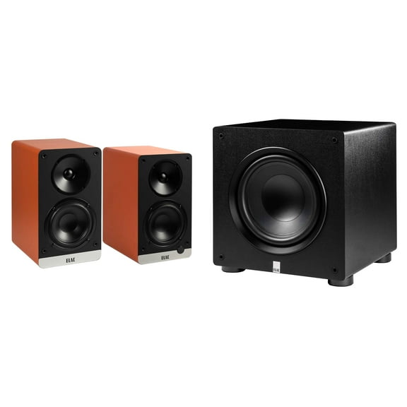 Elac DCB41-OR - Debut ConneX 4.5" Powered Speakers - Orange, Pair and Elac PS350-BK - Varro Premium 12" 350 Watt Powered Subwoofer with Auto-EQ