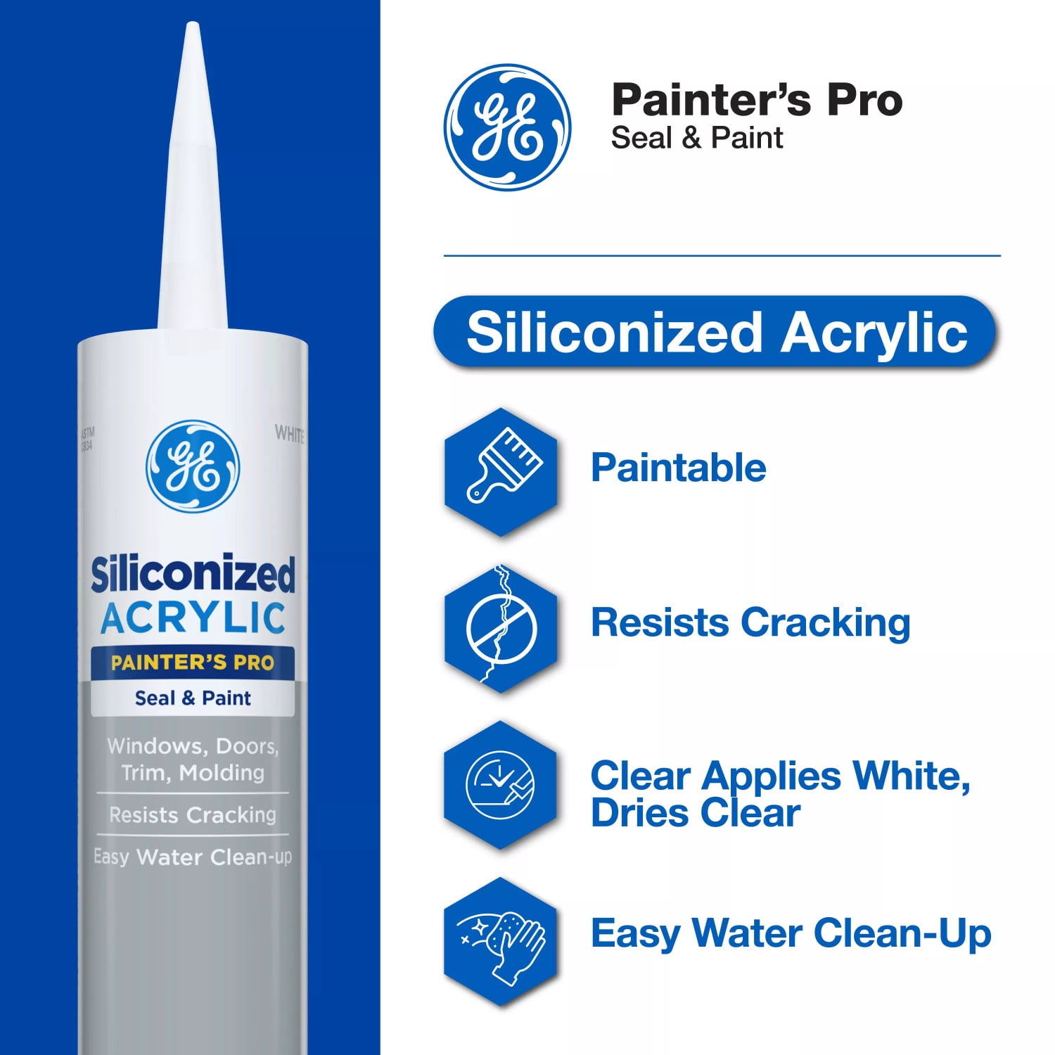 GE Siliconized Acrylic Painters Pro Sealant Seal & Paint, Pack of 1, Clear 10 fl oz Cartridge