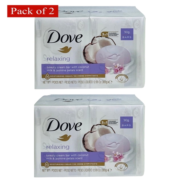 Jabón en barra Dove relajante con leche de coco y jazmín, 4 x 90 g (paquete de 2)