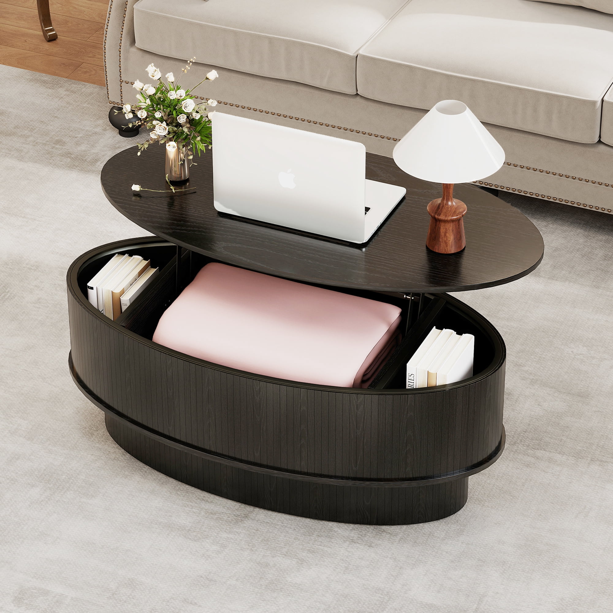 Lift Top Coffee Table with Storage, Mid Century Modern Coffee Table for Living Room, Oval Center Table for Small Space, Black