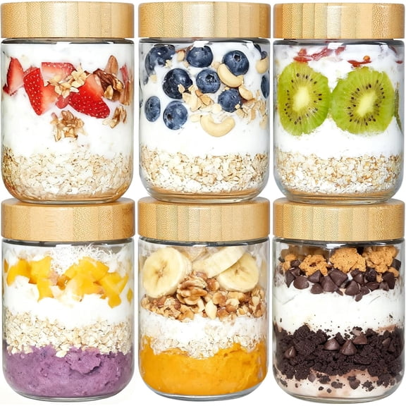 6 Pack 16oz Glass Overnight Oats Containers with Bamboo Lids, Portable Wide Mouth Glass Jars Leak-proof, Reusable Glass Food Storage Containers for Yogurt Chia Pudding Salad Pickling Snacks