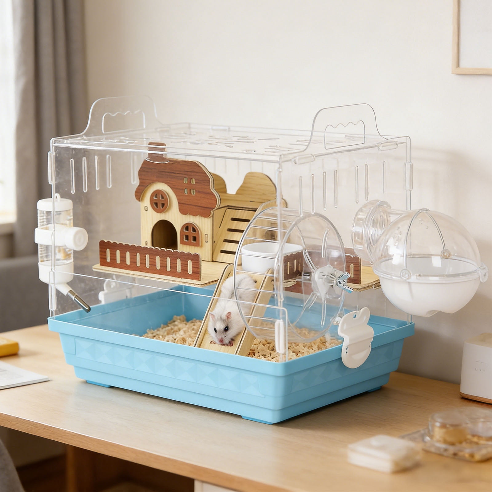 Acrylic Hamster Cage Starter Kit, Small Animal Habitat with Wheel, Water Bottle, Food Bowl, Small Hamster Habitat 360 Viewing, Hideout & Staircase,  for Dwarf, Guinea Pig, Gerbils
