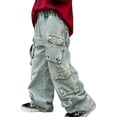 thumbnail image 2 of SGFCWSX Boys Jeans Multi Pockets Cargo Pants Loose Fit Wide Leg Elastic Waist Trousers for Kids Light Blue Size 12 Years, 2 of 9