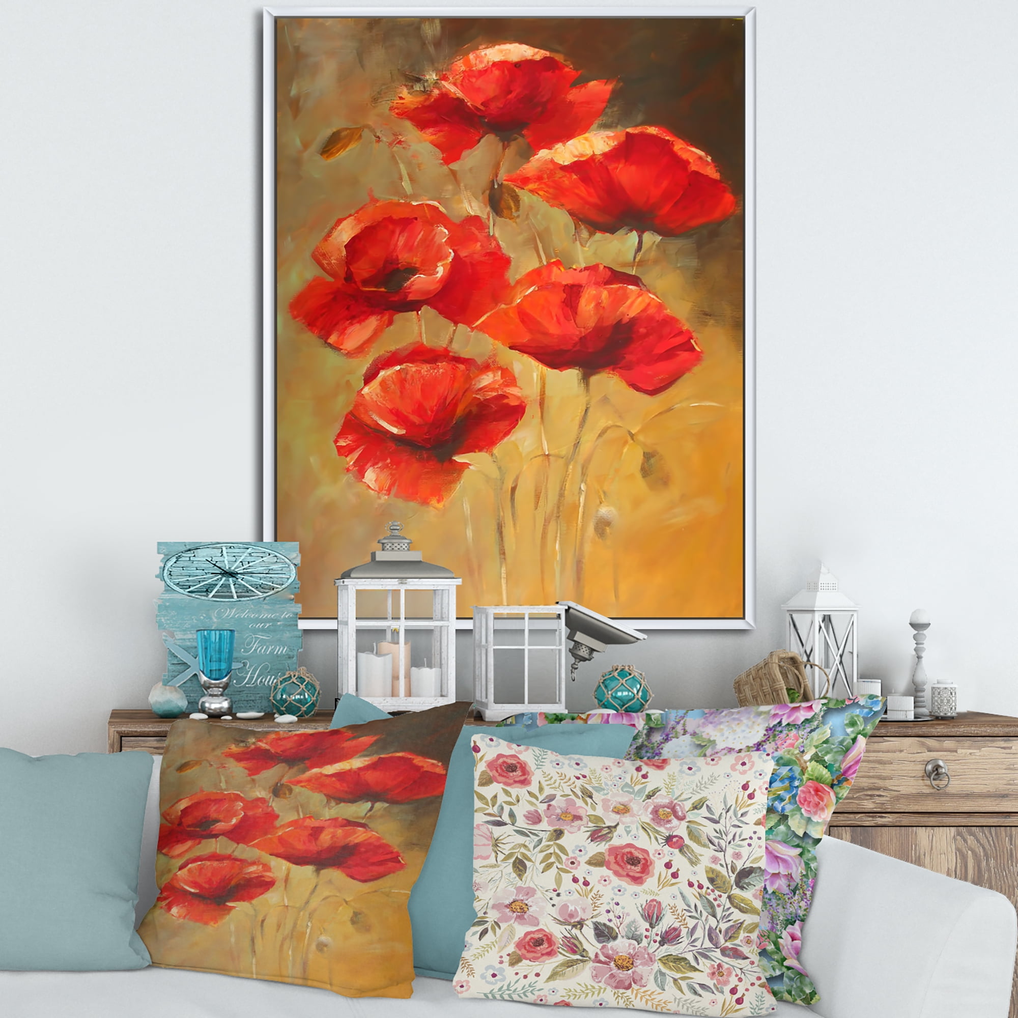 Designart 'Ancient Blooming Poppies II' Traditional Framed Canvas Wall Art Print