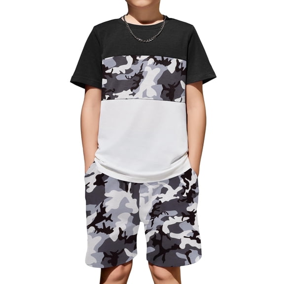 Arshiner Boys' 2-Piece Cotton Outfit Color Block T-Shirt and Shorts Set Summer Camo Clothes