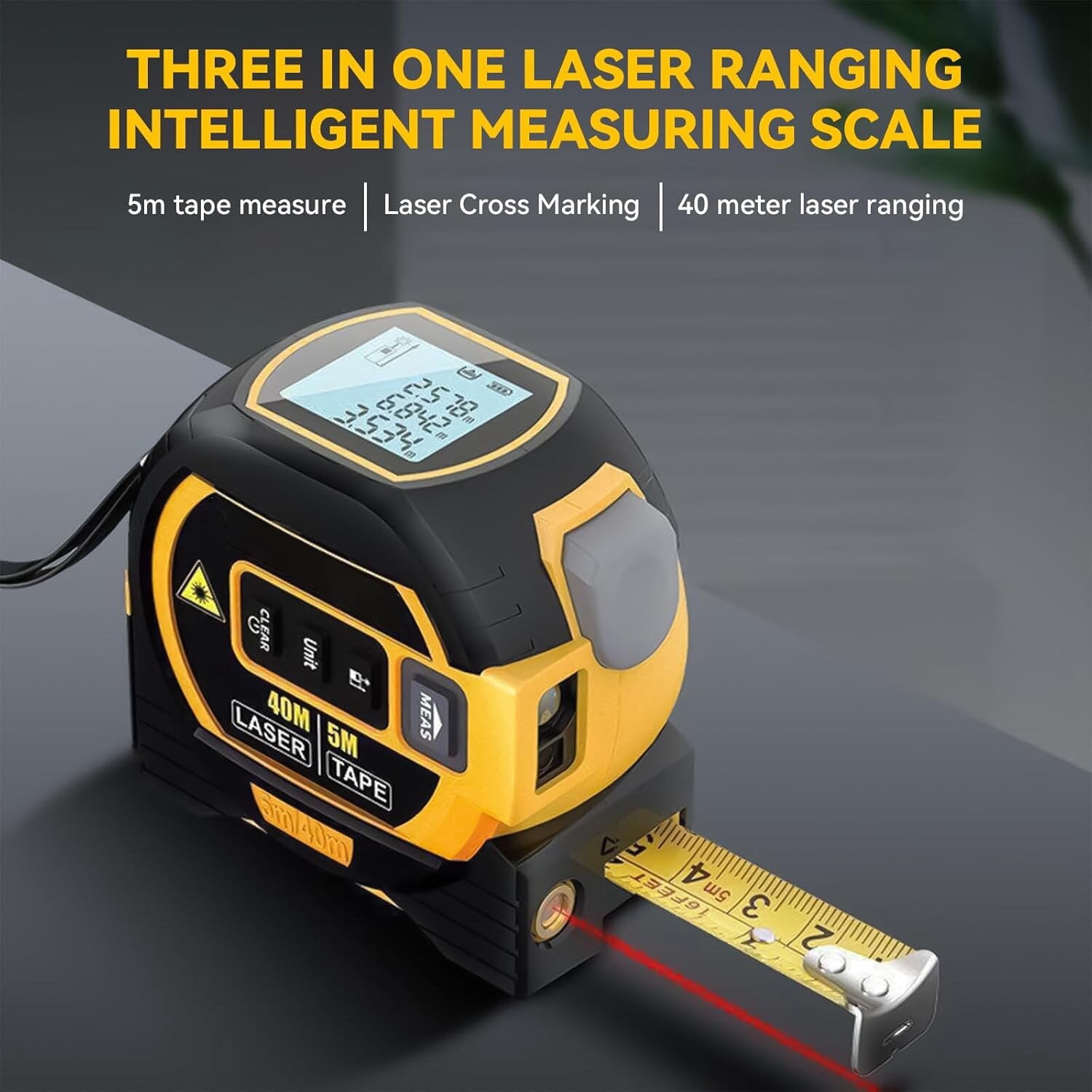 3-in-1 Multi-functional Measuring Tape with Laser Level Crosshair and LED Display, Digital Measuring Tape  with Cross Line, AutoLock, Measure Area, Volume, Pythagorean