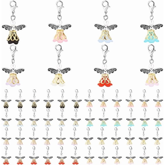 64pcs Angel Wing Charm Guardian Angel Pendant Fairy Dangle Charms with Lobster Claps Colorful Pearl Flower Beads for Earring Necklace Bracelet Key Chain Making