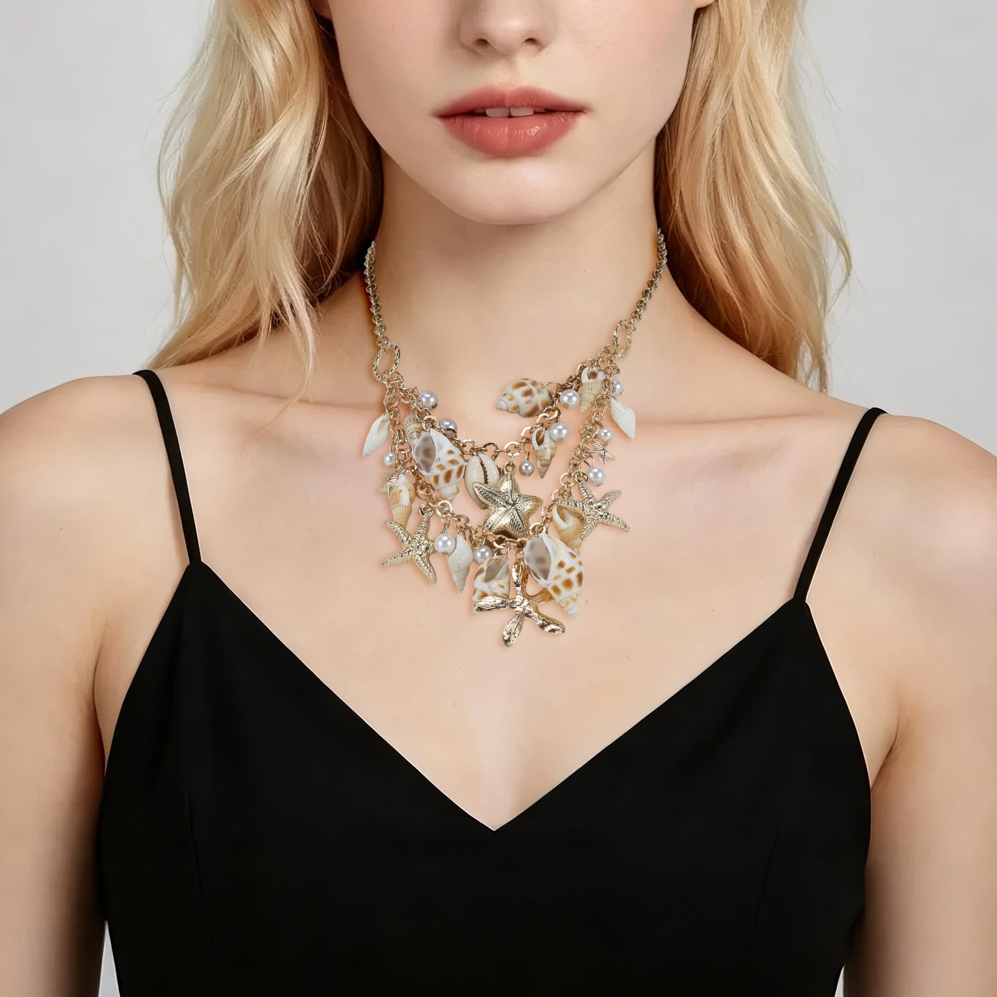 Unique Bargains Stylish Starfish Conch Pendant Necklace for Daily Life Gold Tone 1 Pcs