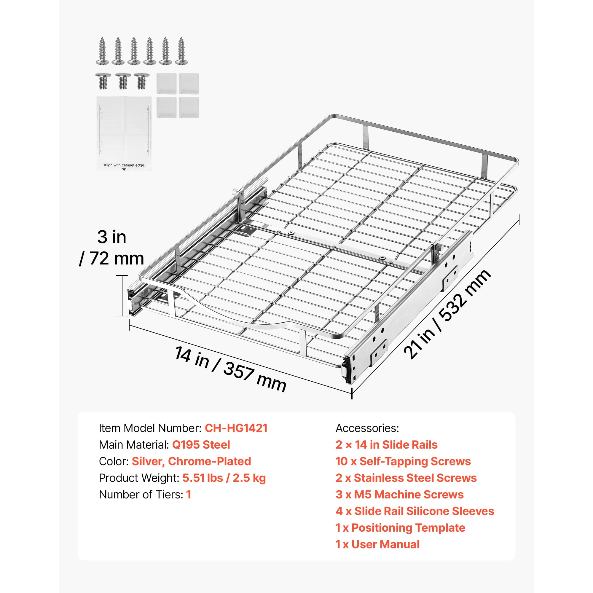 KFFKFF Steel Pull-Out Cabinet Organizer 14.06"W x 20.94"D, Slide-Out Drawers for Kitchen, Bathroom, Pantry, and Home Storage, Chrome-Plated Finish, Durable Sliding Shelves for Base Cabinets