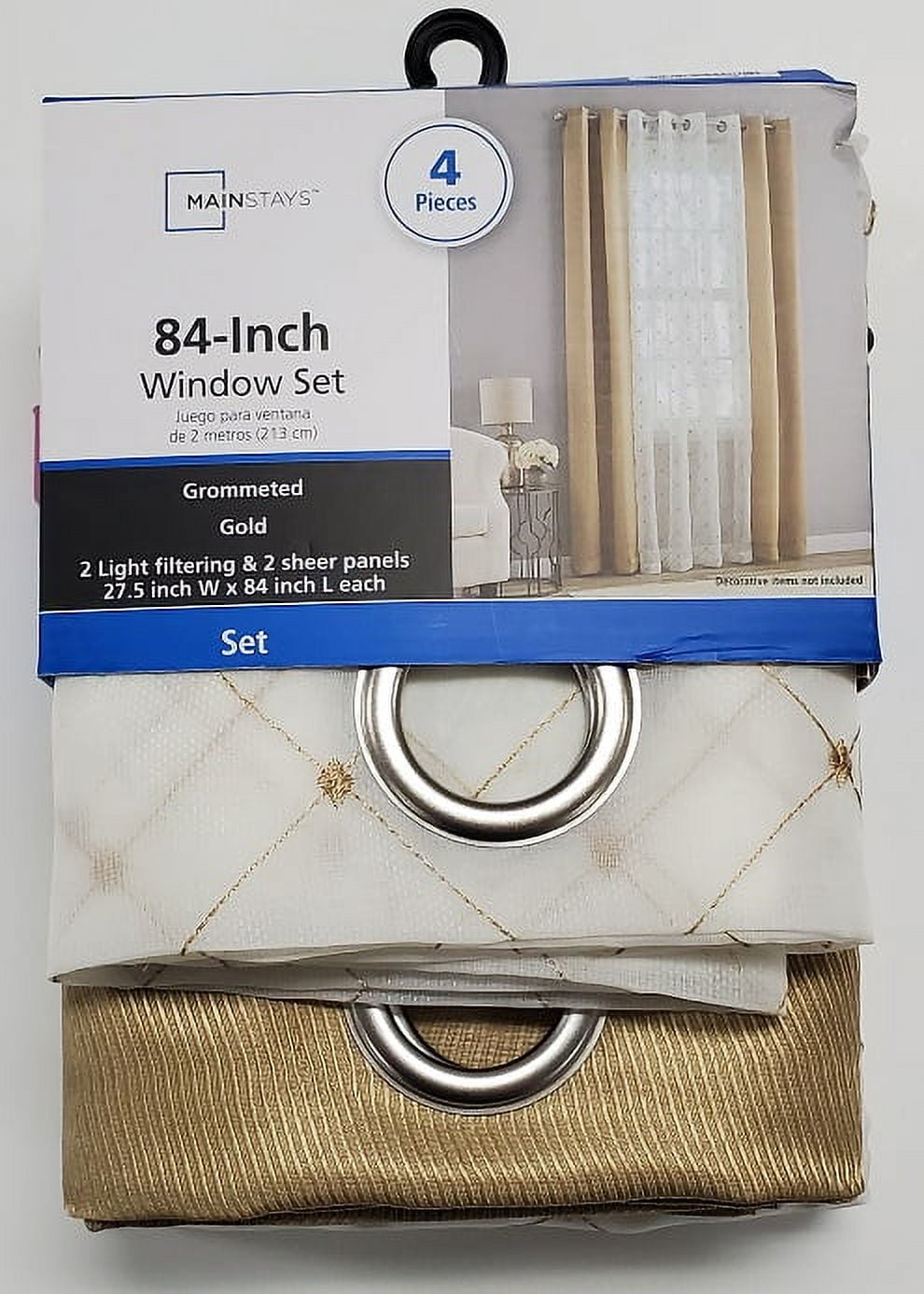 (2 pack) Mainstays Embroidered Curtain Panels, Set of 4, Gold, 27.5" W x 84" L