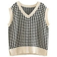 thumbnail image 2 of jinghuiyue Women Sweater Vest V Neck Knit Sleeveless Pullover Tank Oversized Houndstooth Pattern Preppy Fashion Uniform Waistcoat XXL, 2 of 7