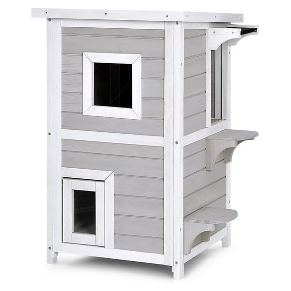 Wooden Outdoor Cat House Weatherproof, 2-Story Cat Shelter for Feral Cats with Openable Roof