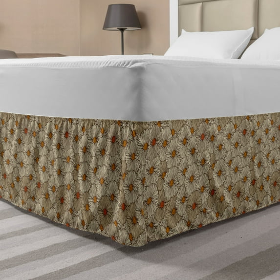 Vintage Bed Skirt, Sketch Art Style Gerbera Daisies Abstract Flowers Autumn Garden Flourish, Elastic Bedskirt Dust Ruffle Wrap Around for Bedding Decor, 4 Sizes, Tan Orange Marigold, by Ambesonne