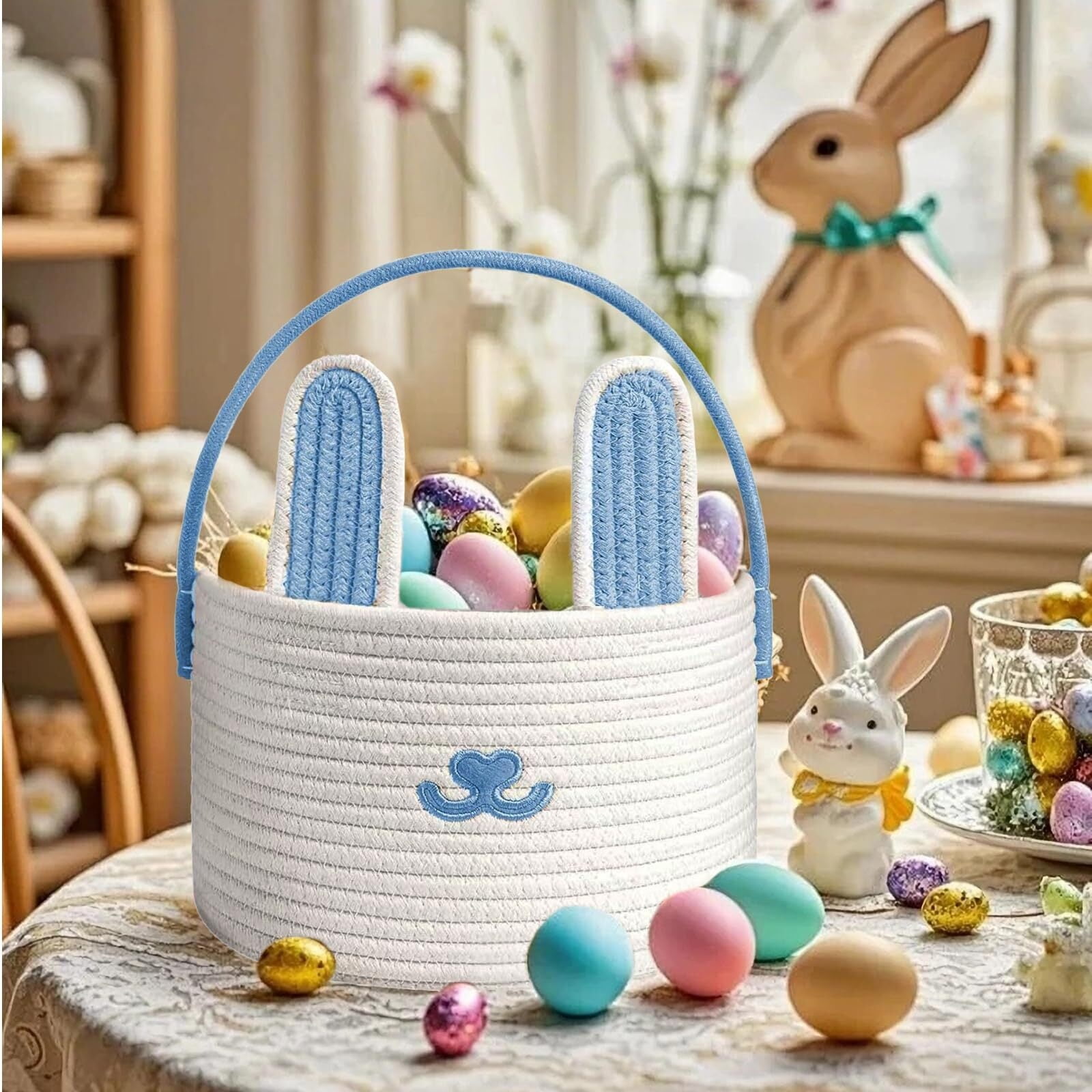 Cute Easter Basket, Large Easter Bunny Basket, Woven Cotton Rope Baby Egg Easter Baskets for Girls, Boys, Toddler, Babies, Infant, with Gift Bags and Ribbons, Pink
