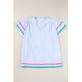 thumbnail image 5 of Women's Sky Blue Stripe Ruffled Sleeve Split Neck Blouse with Ric Rac Trim, 5 of 12