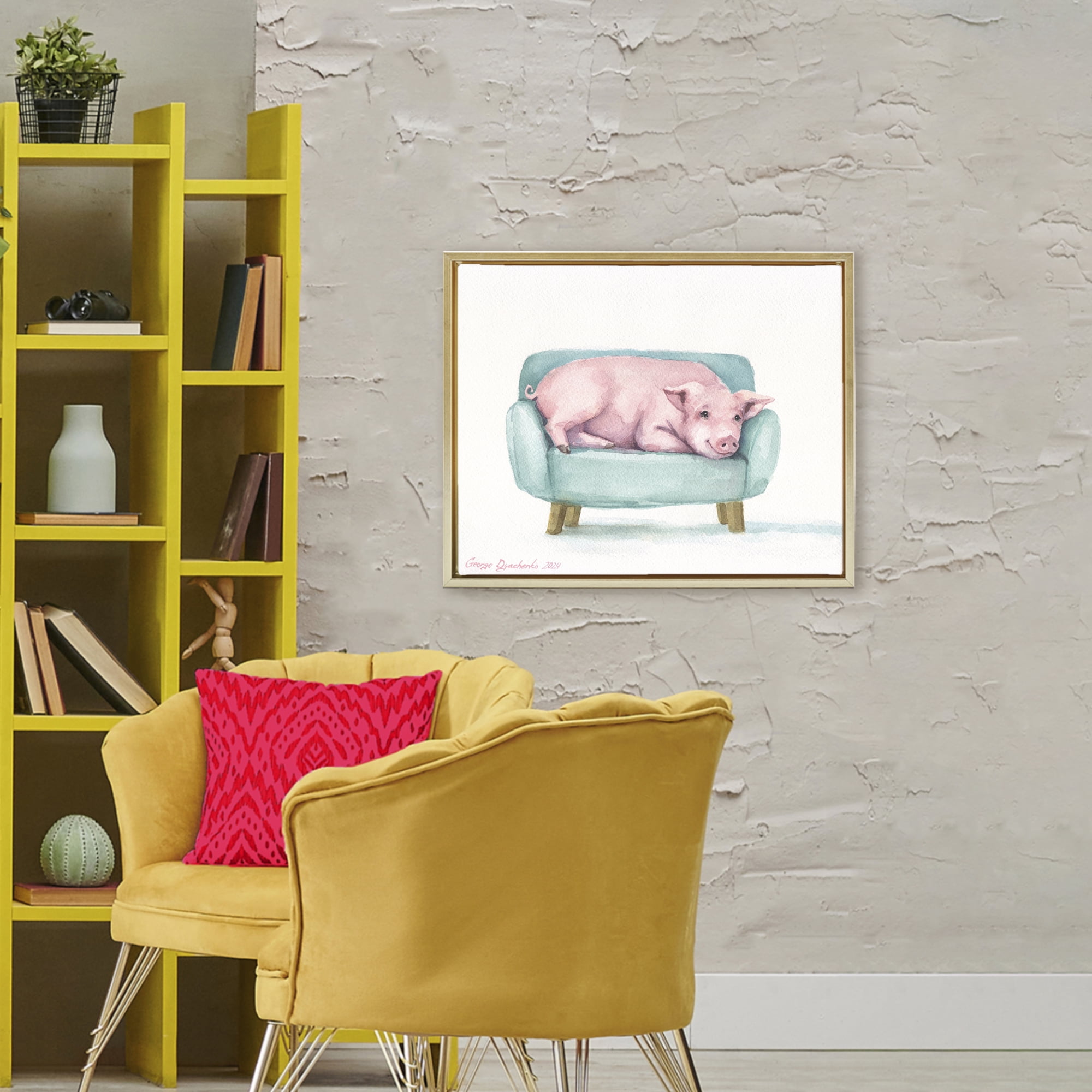 Stupell Industries Cute Piglet on Armchair Gold Framed Floater Canvas Wall Art, design by George Dyachenko