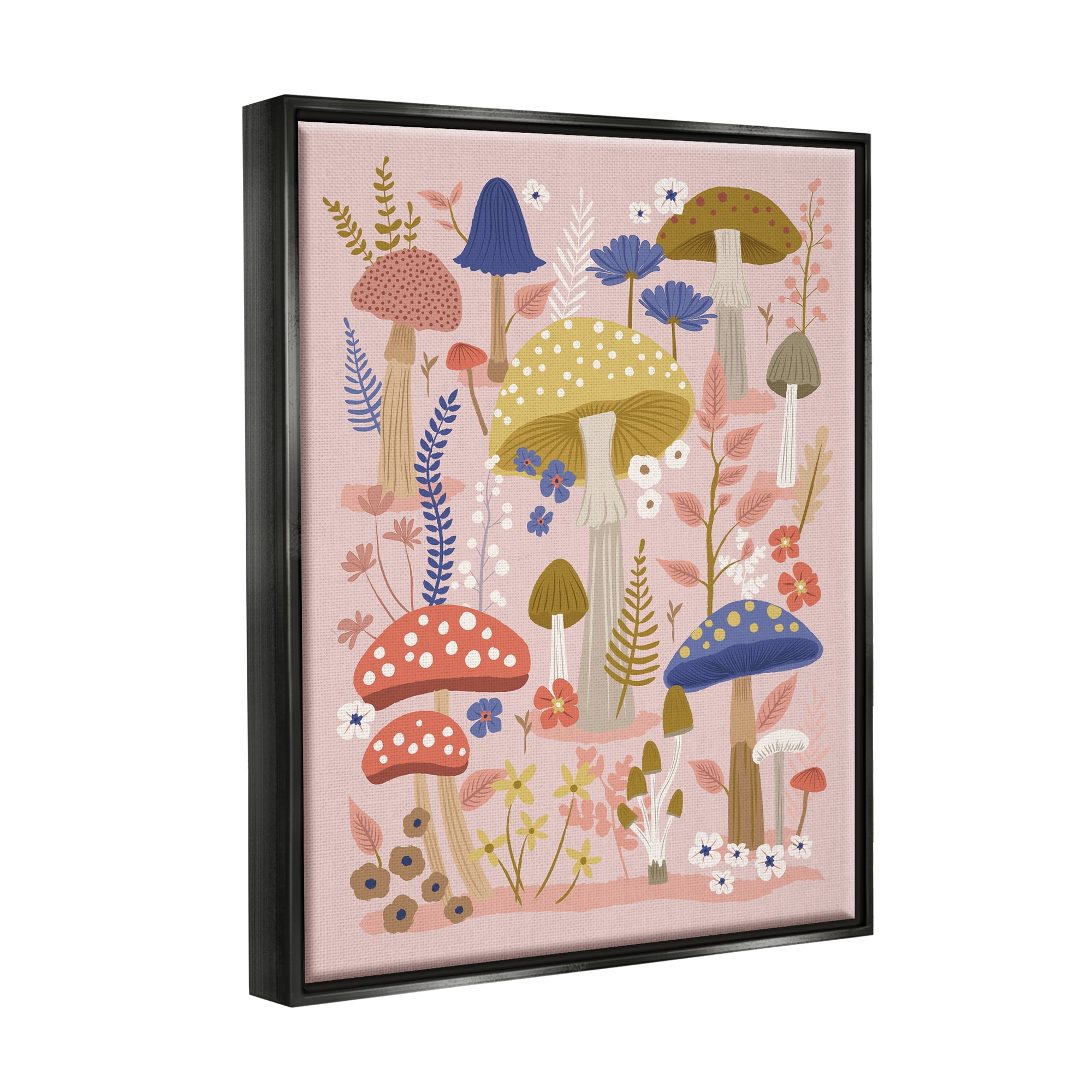 Stupell Industries Mushrooms & Botanical Pattern Botanical & Floral Painting Black Floater Framed Canvas Art Print Wall Art, 17 x 21