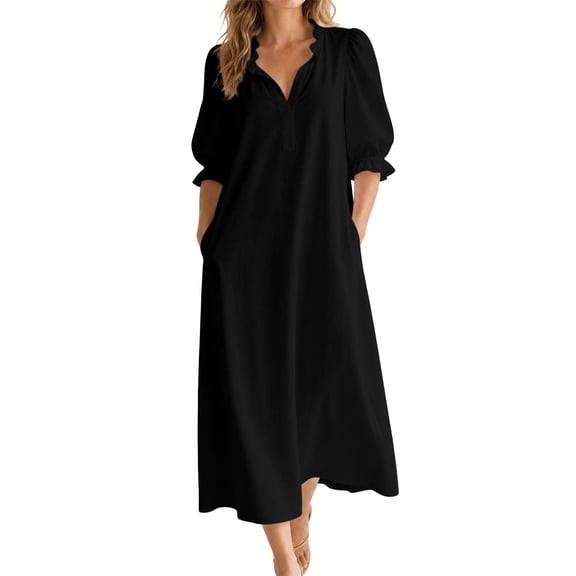 SETOOFF Women Ruffled V Neck Midi Dress Puff 3/4 Sleeve Loose Shift Dress Casual Side Pockets Vacation Travel Outfits