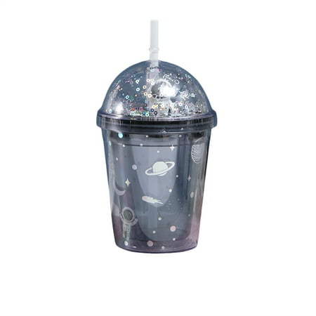 

One opening Double-Layer Coffe Bottle Cup Summer Water Bottle with Straw Cartoon Spaceman Starry Universe Double Layer Drinking Leak Proof