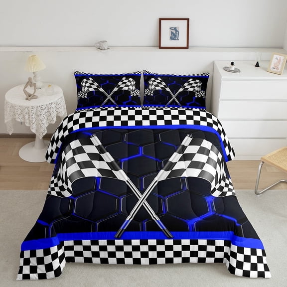 Erosebridal Checkered Flag Bedding Sets Twin with Comforter, Blue Geometry Duvet Insert, Extreme Sports Decor, Lightweight 2pcs