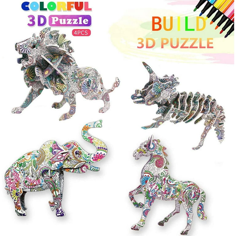 3D Coloring Puzzle Set,4 Animals Puzzles with 12 Pen Markers, Art Coloring  Painting 3D Puzzle for Kids Age 7 8 9 10 11 12. Fun Creative DIY Toys Gift  for Girls and Boy 