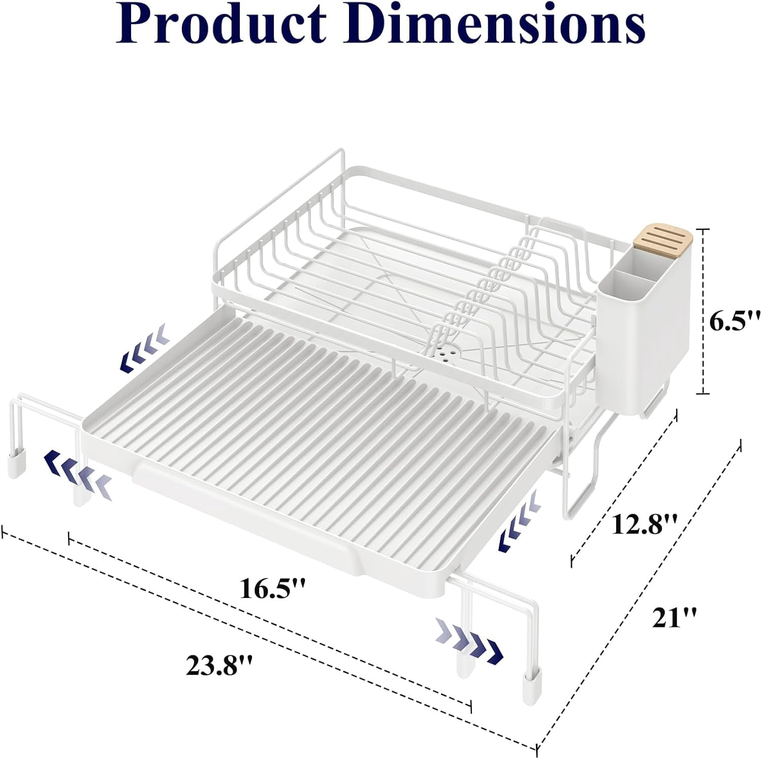 Extendable Dish Drying Rack - Adjustable Length 12.8"–21.0", Auto-Draining Dish Rack for Kitchen Counter, Rust-Resistant Metal Frame Over-Sink Support for Plates, Bowls & Utensils, White
