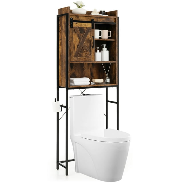 Gymax Over-The-Toilet Storage Cabinet Freestanding 4-Tier Bathroom Organizer Rack w/ Adjustable Shelf Rustic Brown