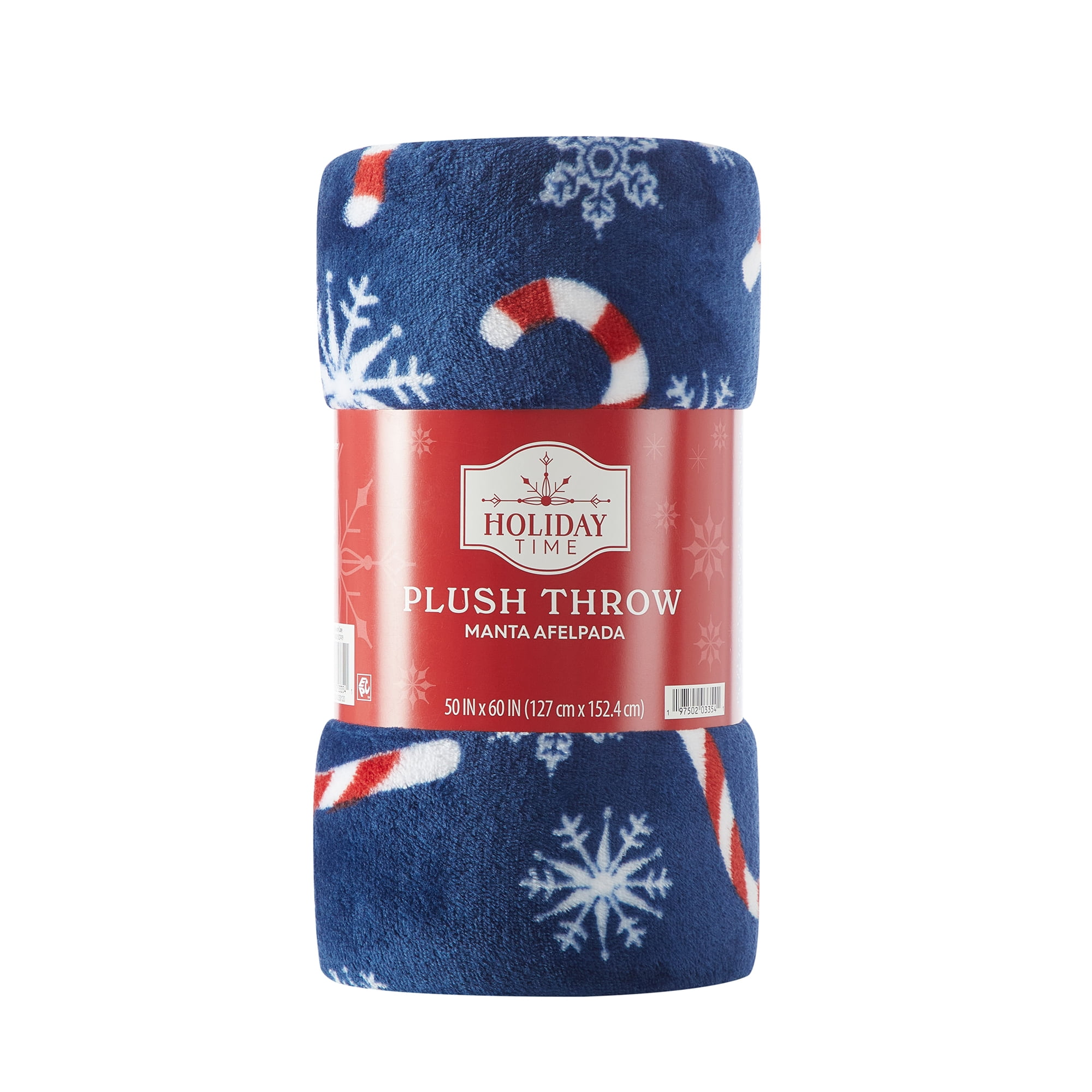 Holiday Time 50"x60" Blue Candy Cane Rolled Plush Throw, All Ages